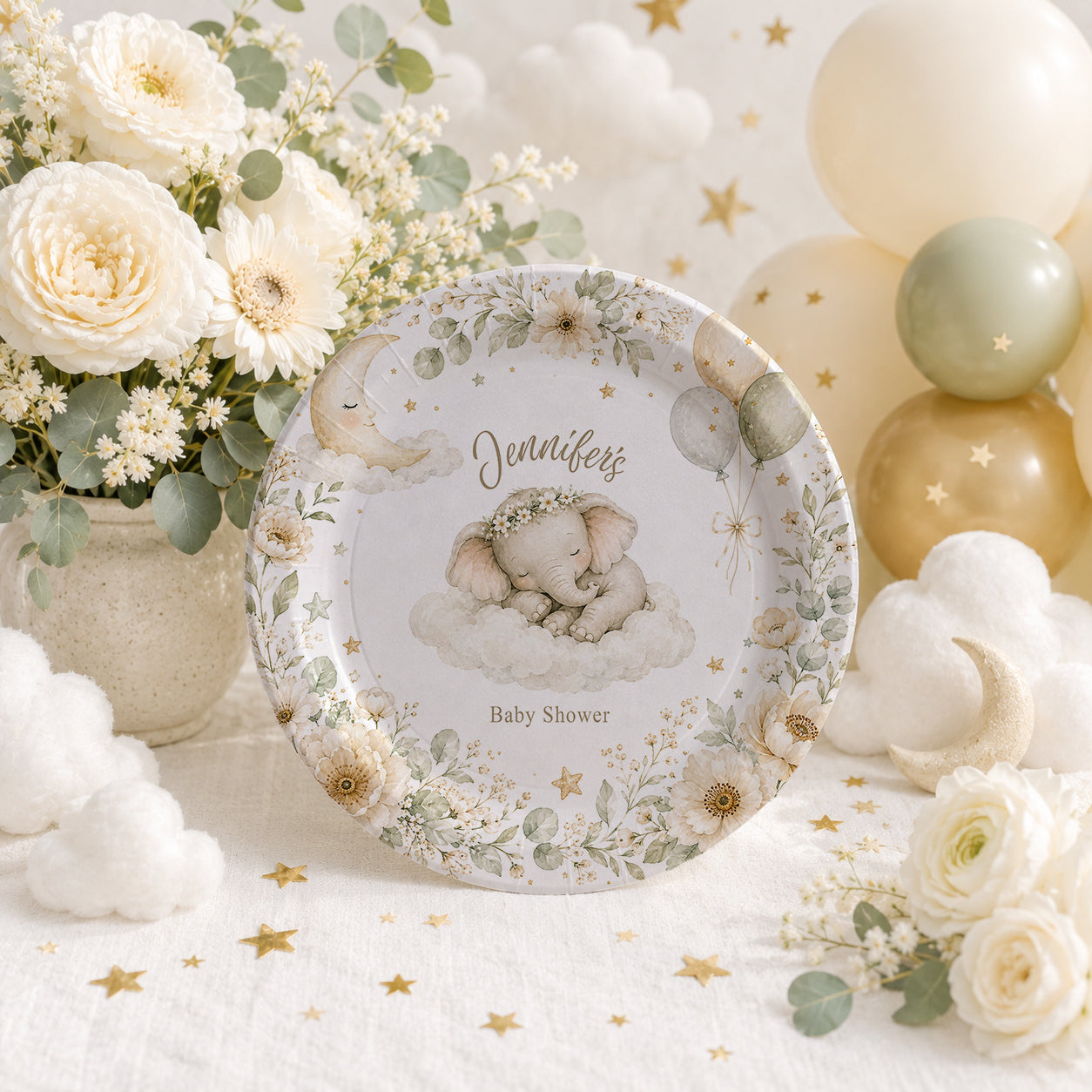 Elephant Baby Shower Plates, Personalized Neutral Botanical