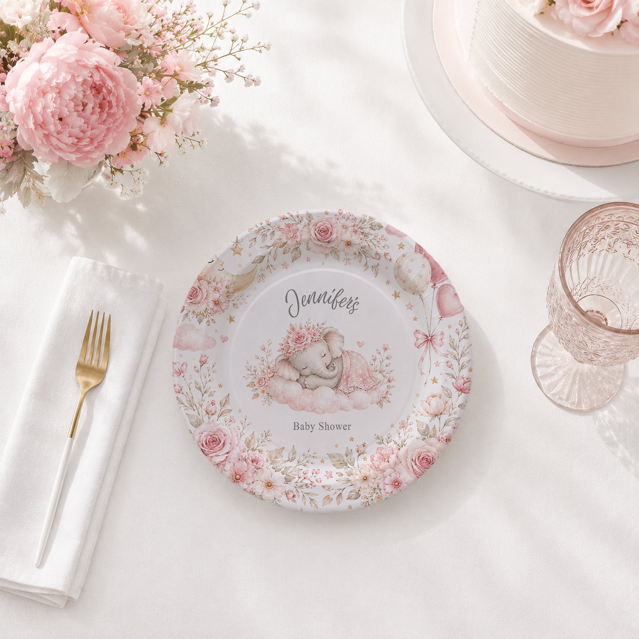 On Cloud Nine Girl Baby Shower Plates, Personalized Pink