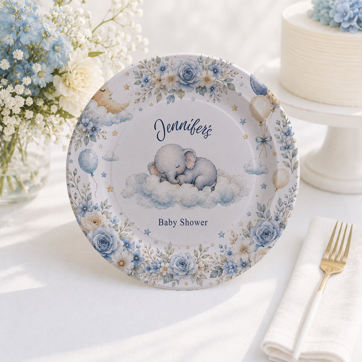 On Cloud Nine Boy Baby Shower Plates, Personalized Blue
