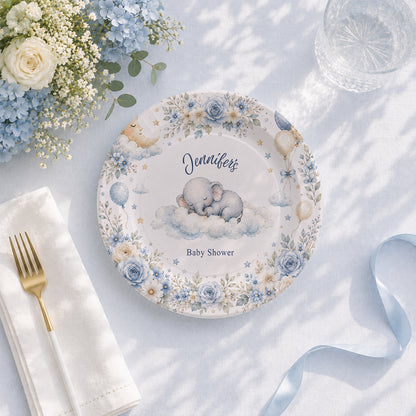 On Cloud Nine Boy Baby Shower Plates, Personalized Blue