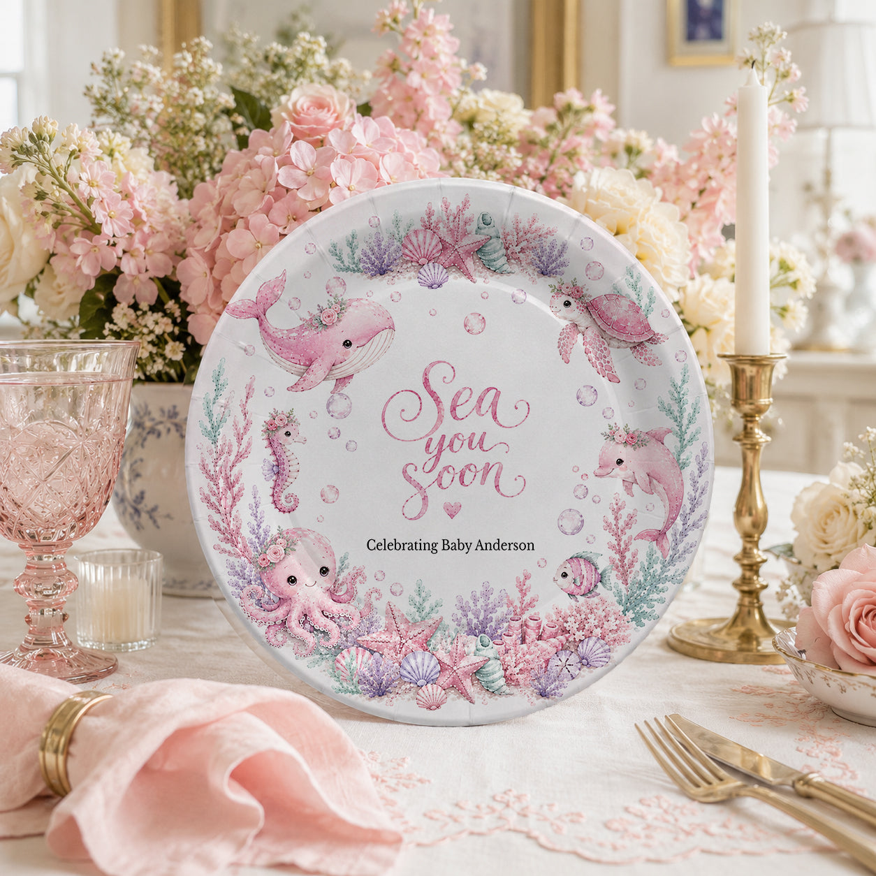 Pink Under the Sea Baby Shower Plates, Personalized