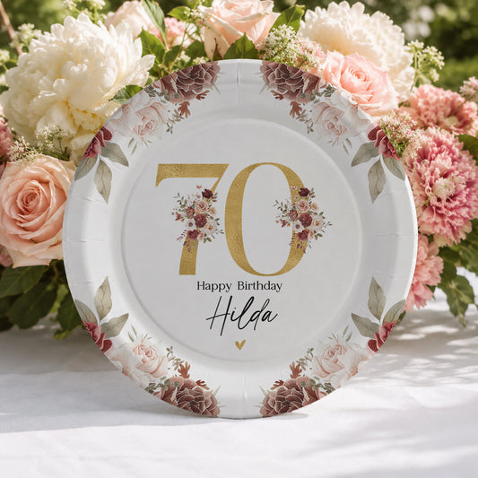 70th Birthday Plates, Personalized Gold Floral Design