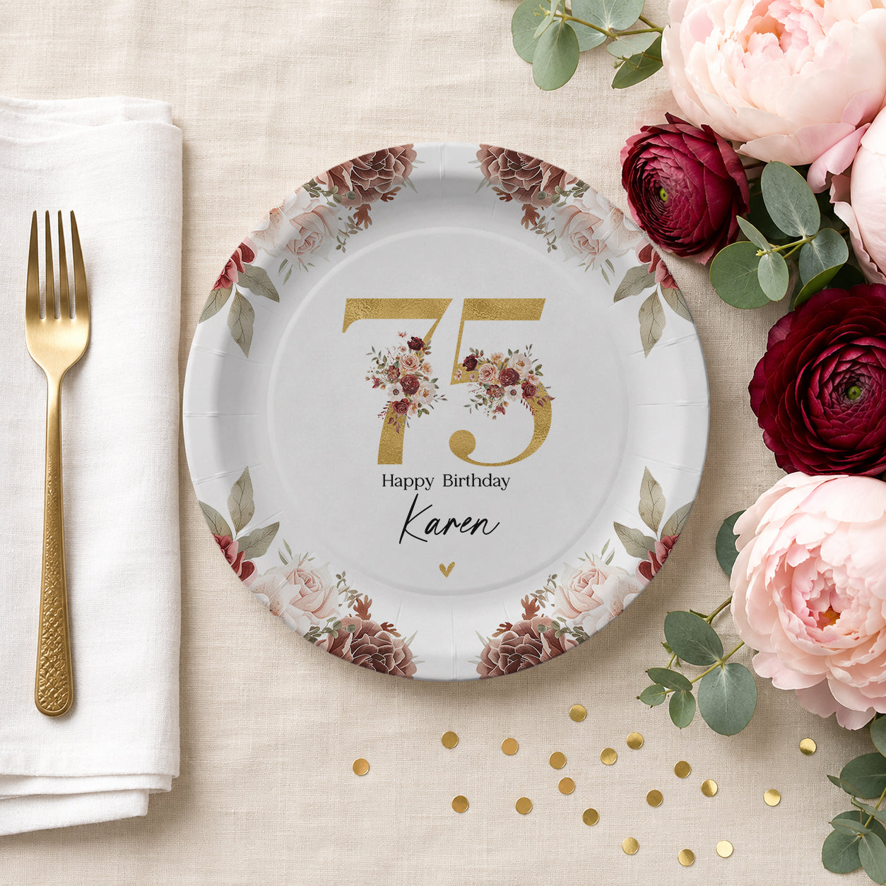 75th Birthday Plates, Personalized Gold and Blush Floral