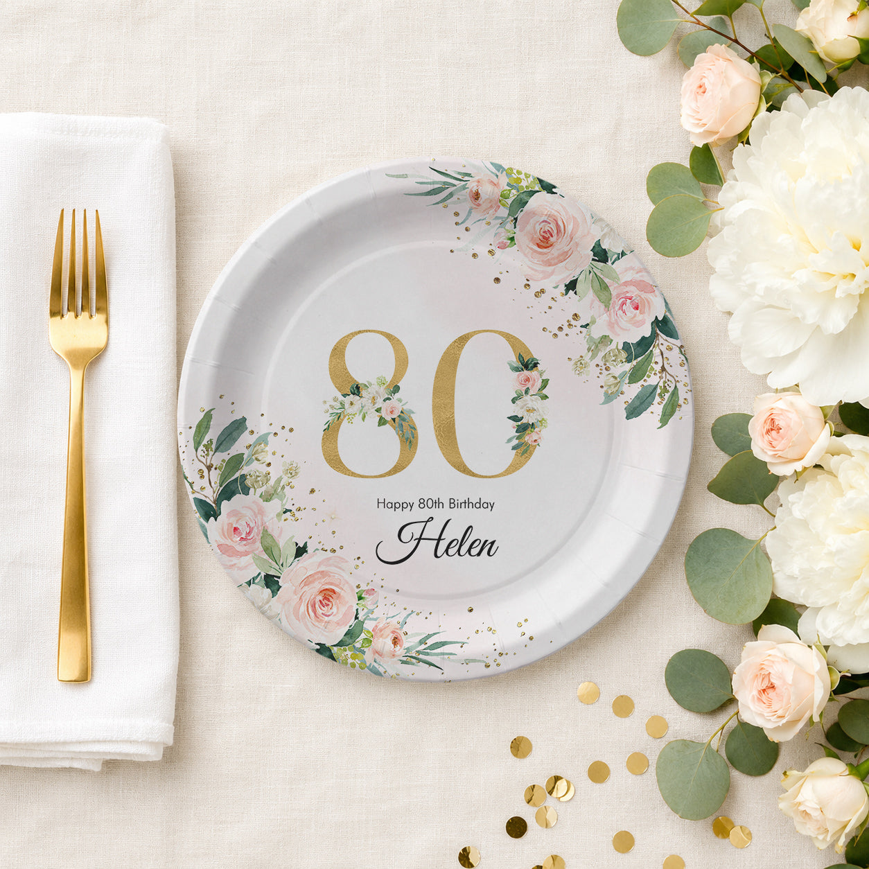 80th Birthday Plates, Personalized Blush and Gold Floral