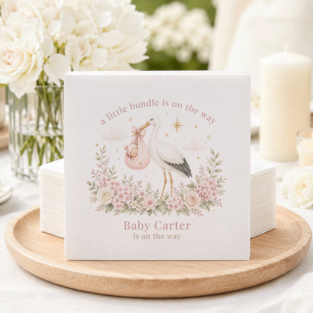 "A little bundle is on the way" Baby Carter baby shower napkins.