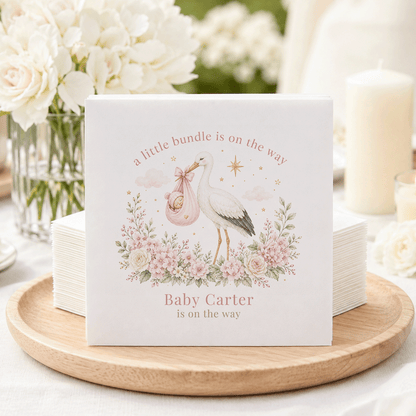 "A little bundle is on the way" Baby Carter baby shower napkins.
