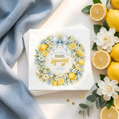 Bridal shower napkins with lemons, flowers, and "She found her main squeeze Hailey's bridal shower" text.