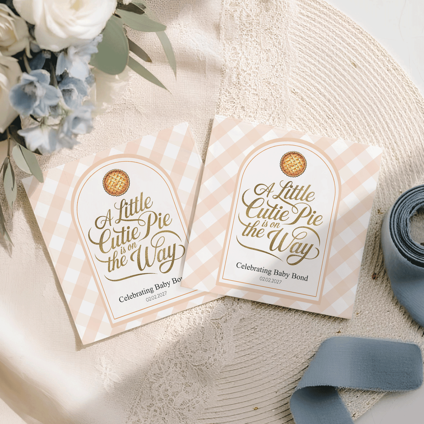 "A Little Cutie Pie is on the Way" baby shower favors with pie graphic.