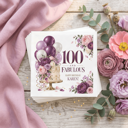 100th Birthday Balloon Napkins with a Purple Floral Cake - Pretty Gifted