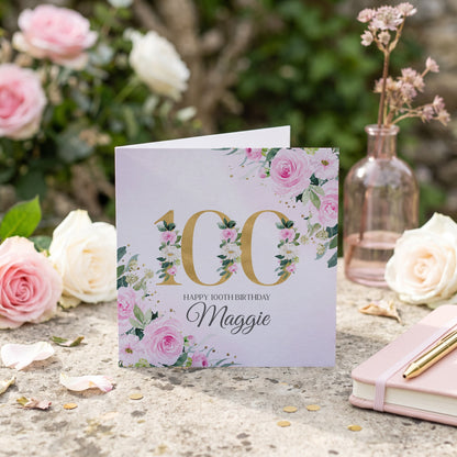 100th Birthday Card for Her – Personalized Pink and Gold Floral Card - Pretty Gifted