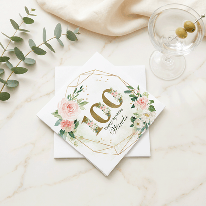 100th Birthday Napkins, Floral Gold Geometric, Personalized - Pretty Gifted