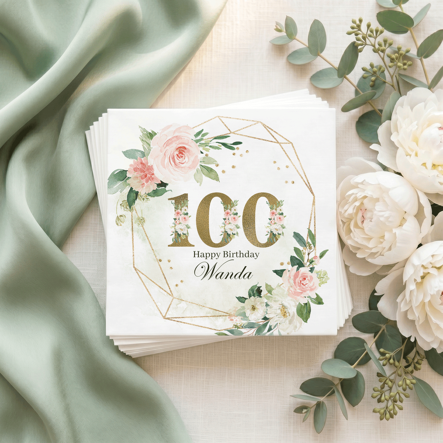 100th Birthday Napkins, Floral Gold Geometric, Personalized - Pretty Gifted
