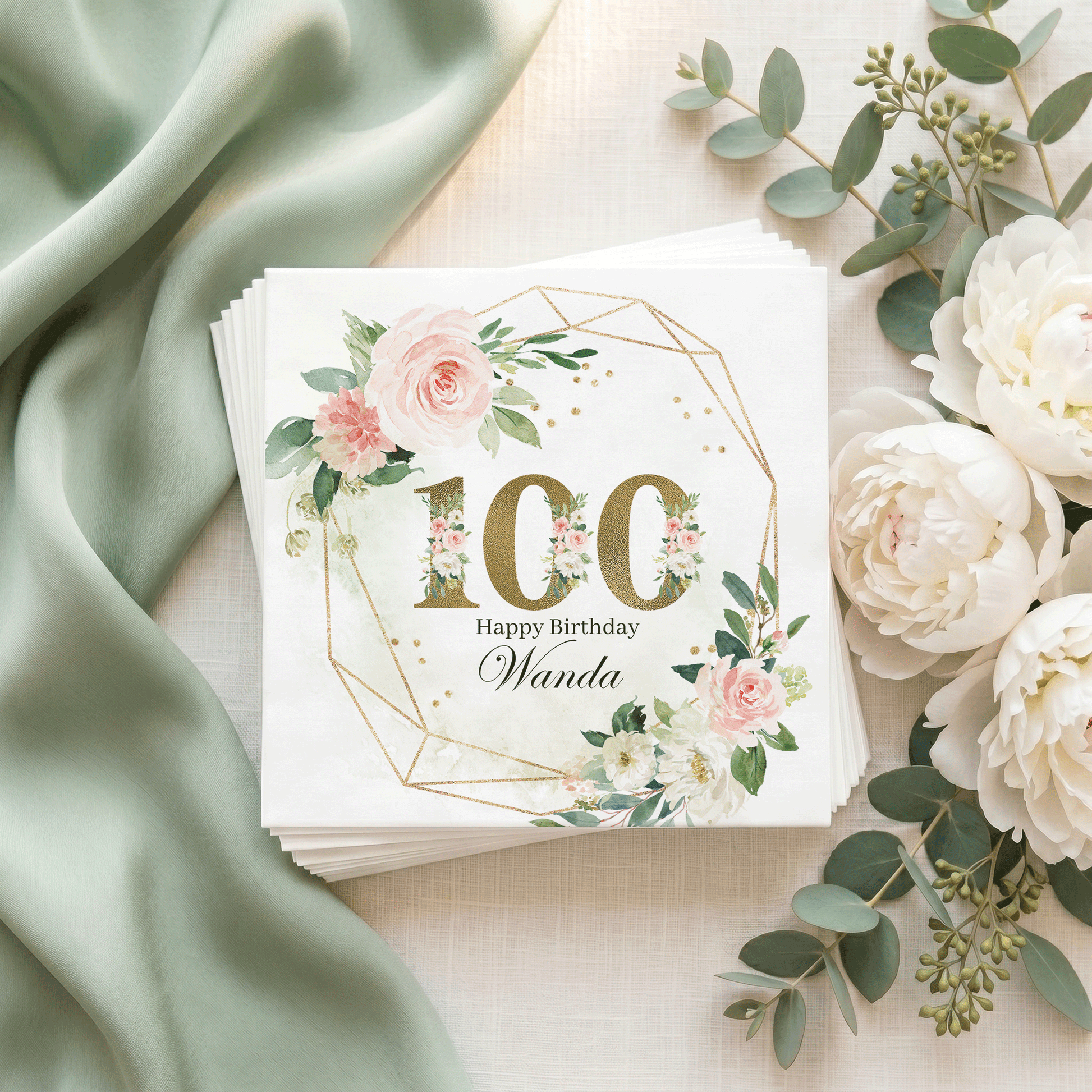 100th Birthday Napkins, Floral Gold Geometric, Personalized - Pretty Gifted
