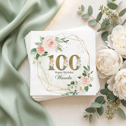 100th Birthday Napkins, Floral Gold Geometric, Personalized - Pretty Gifted