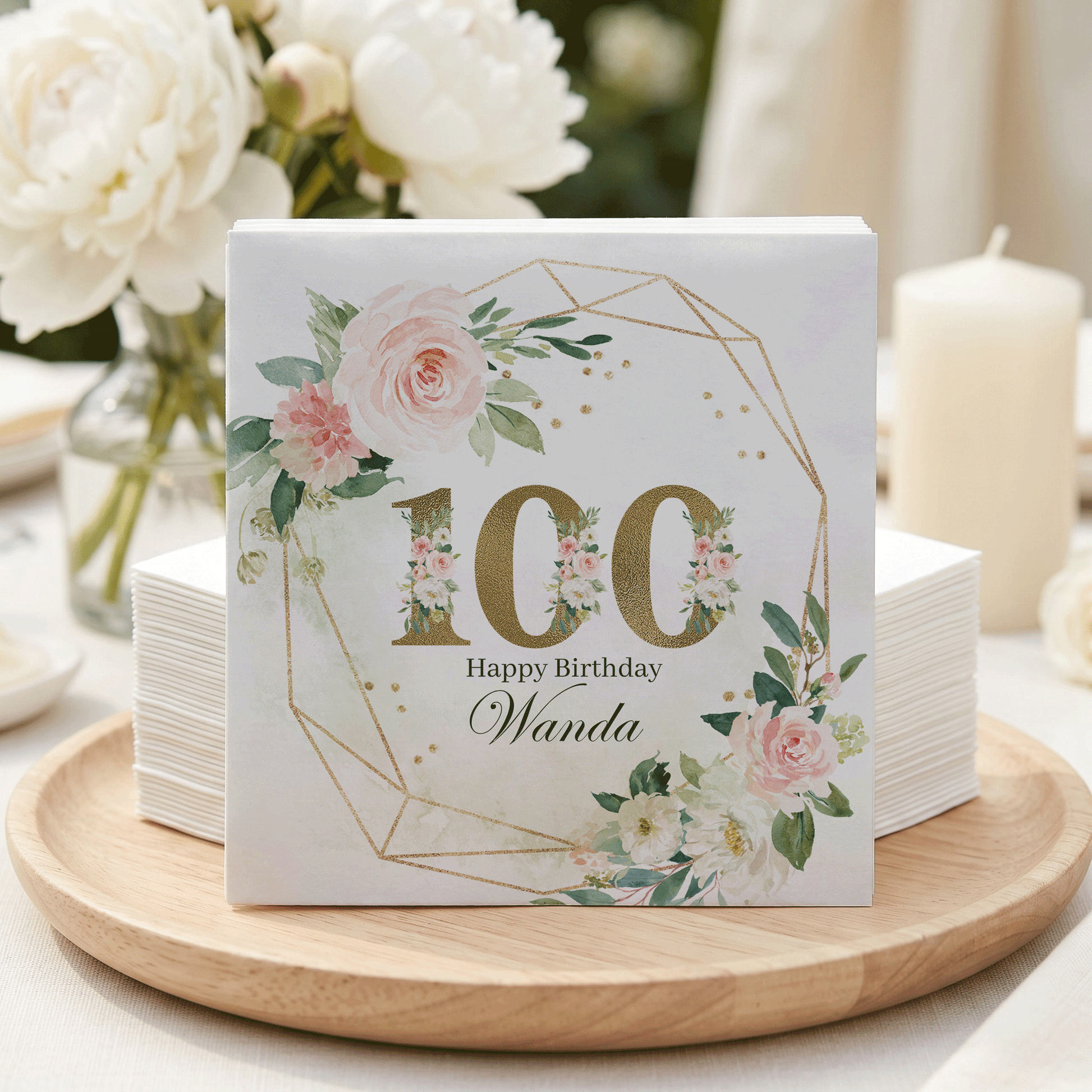 100th Birthday Napkins, Floral Gold Geometric, Personalized - Pretty Gifted