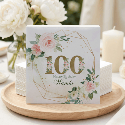 100th Birthday Napkins, Floral Gold Geometric, Personalized - Pretty Gifted
