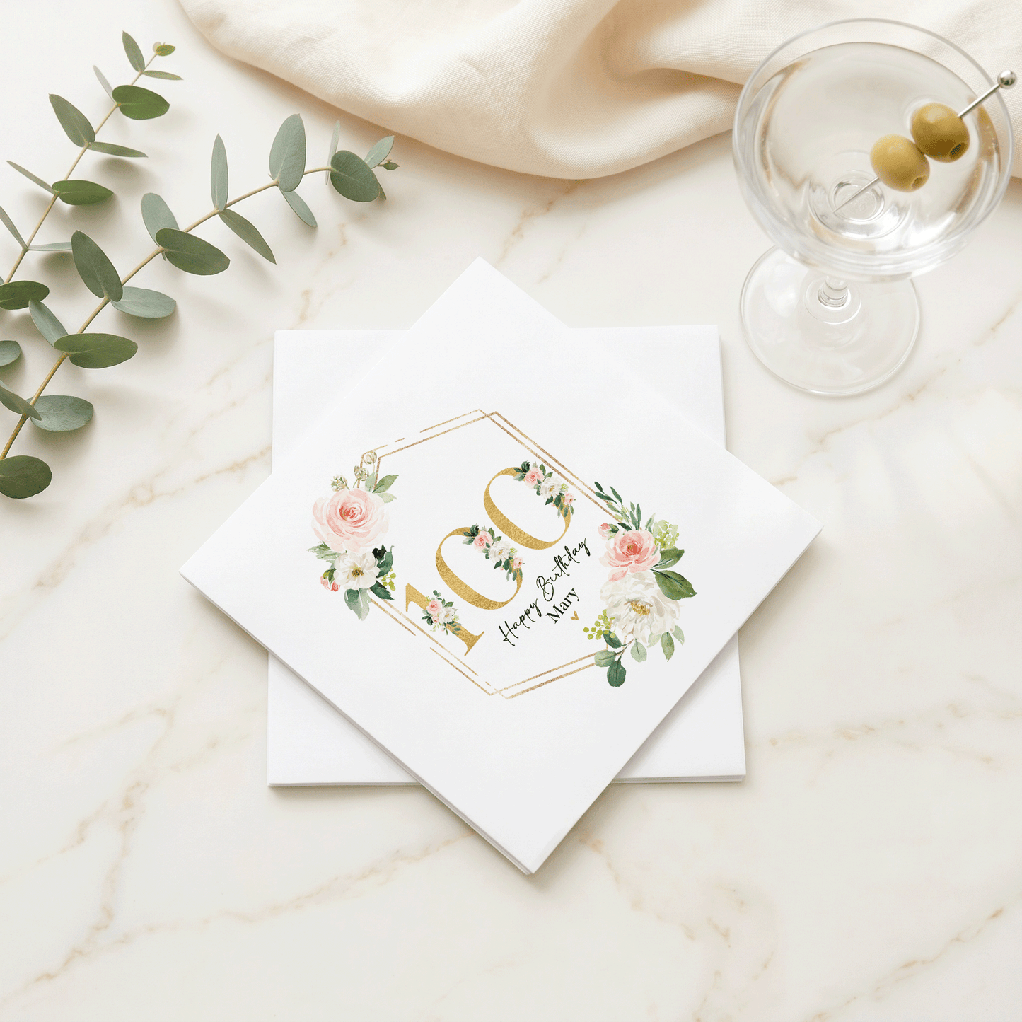 100th Birthday Napkins, Gold Geometric Peach Floral - Pretty Gifted