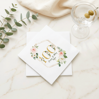100th Birthday Napkins, Gold Geometric Peach Floral - Pretty Gifted