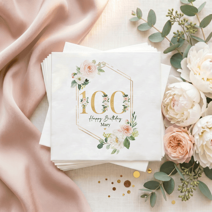 100th Birthday Napkins, Gold Geometric Peach Floral - Pretty Gifted