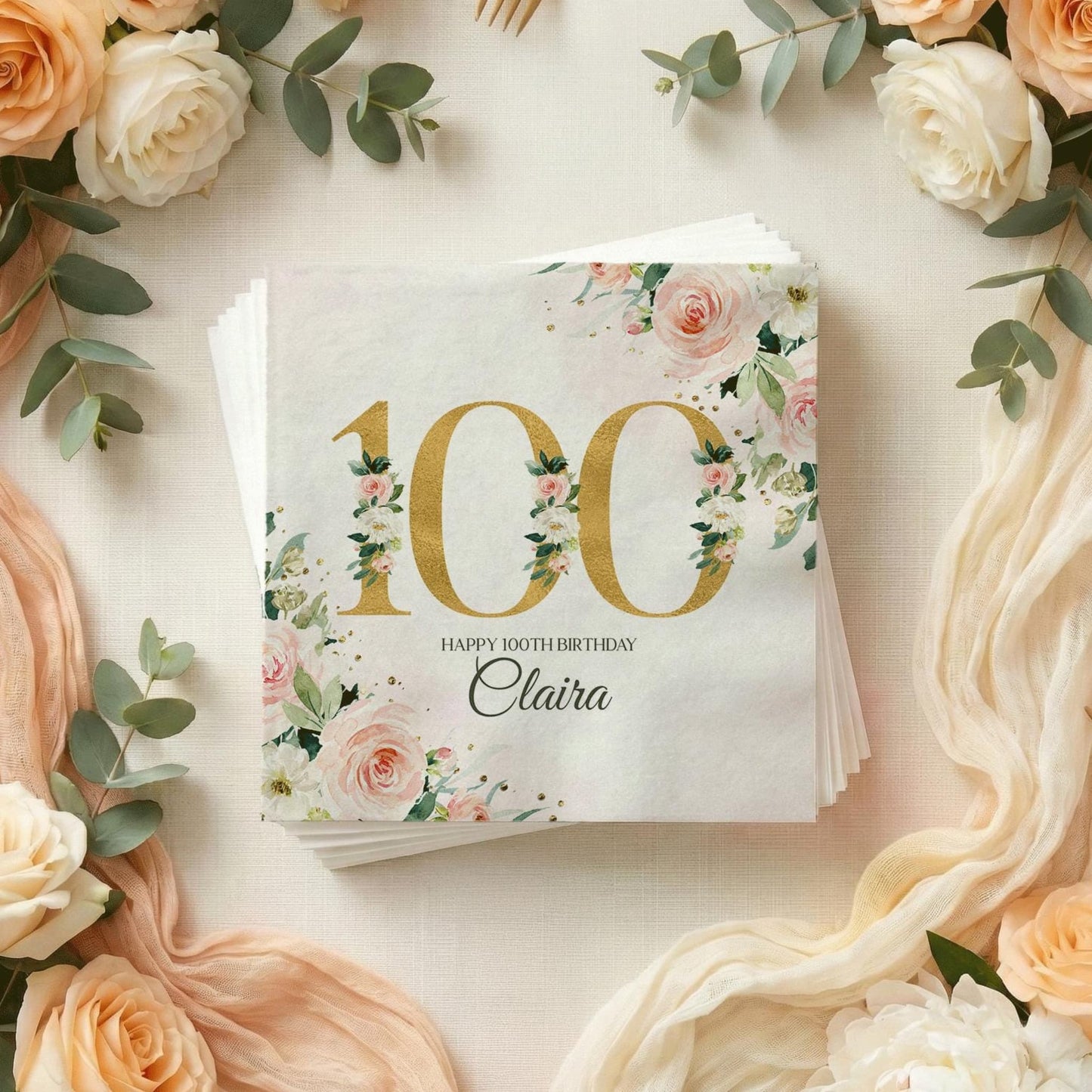 100th Birthday Napkins, Peach Floral Gold Personalized - Pretty Gifted