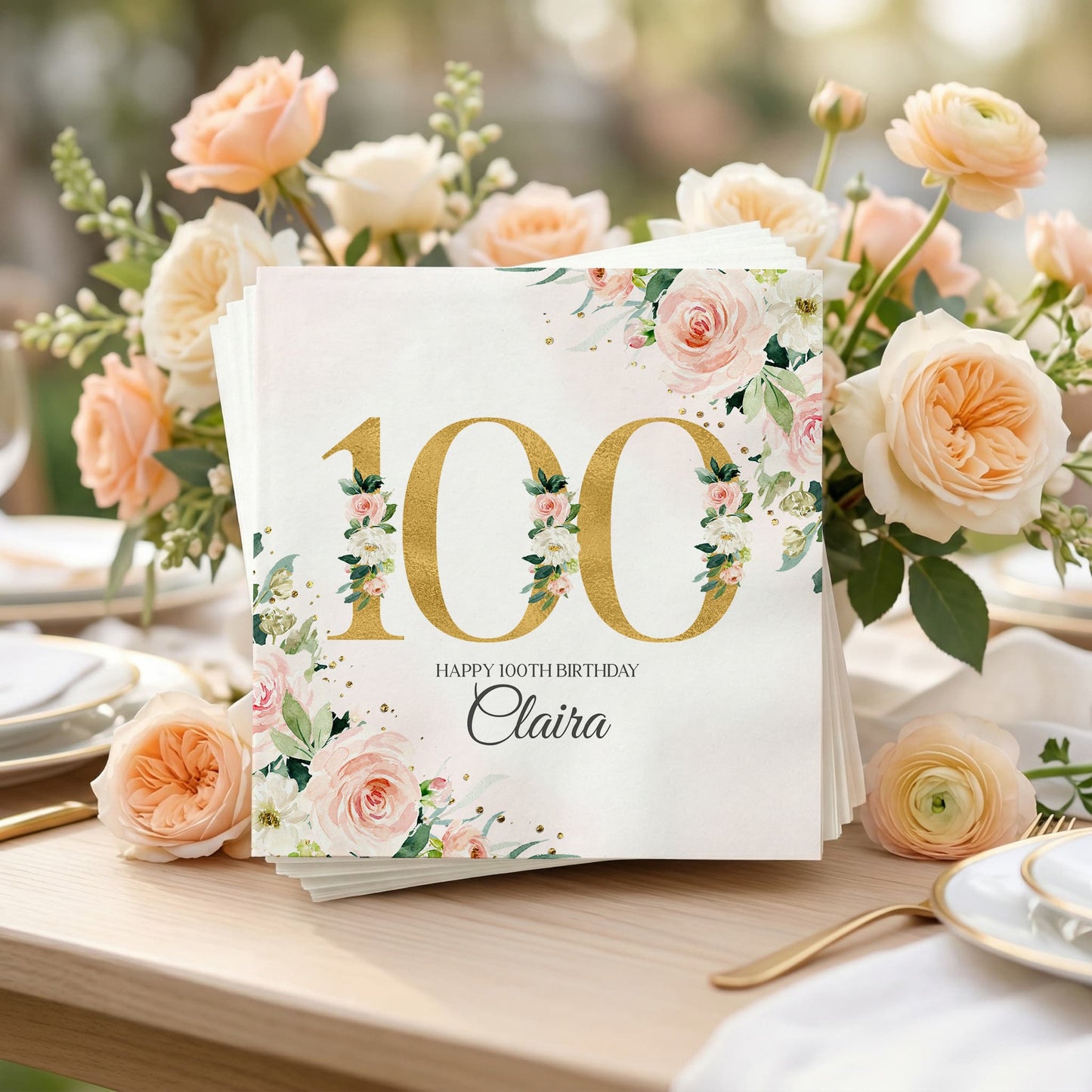 100th Birthday Napkins, Peach Floral Gold Personalized - Pretty Gifted