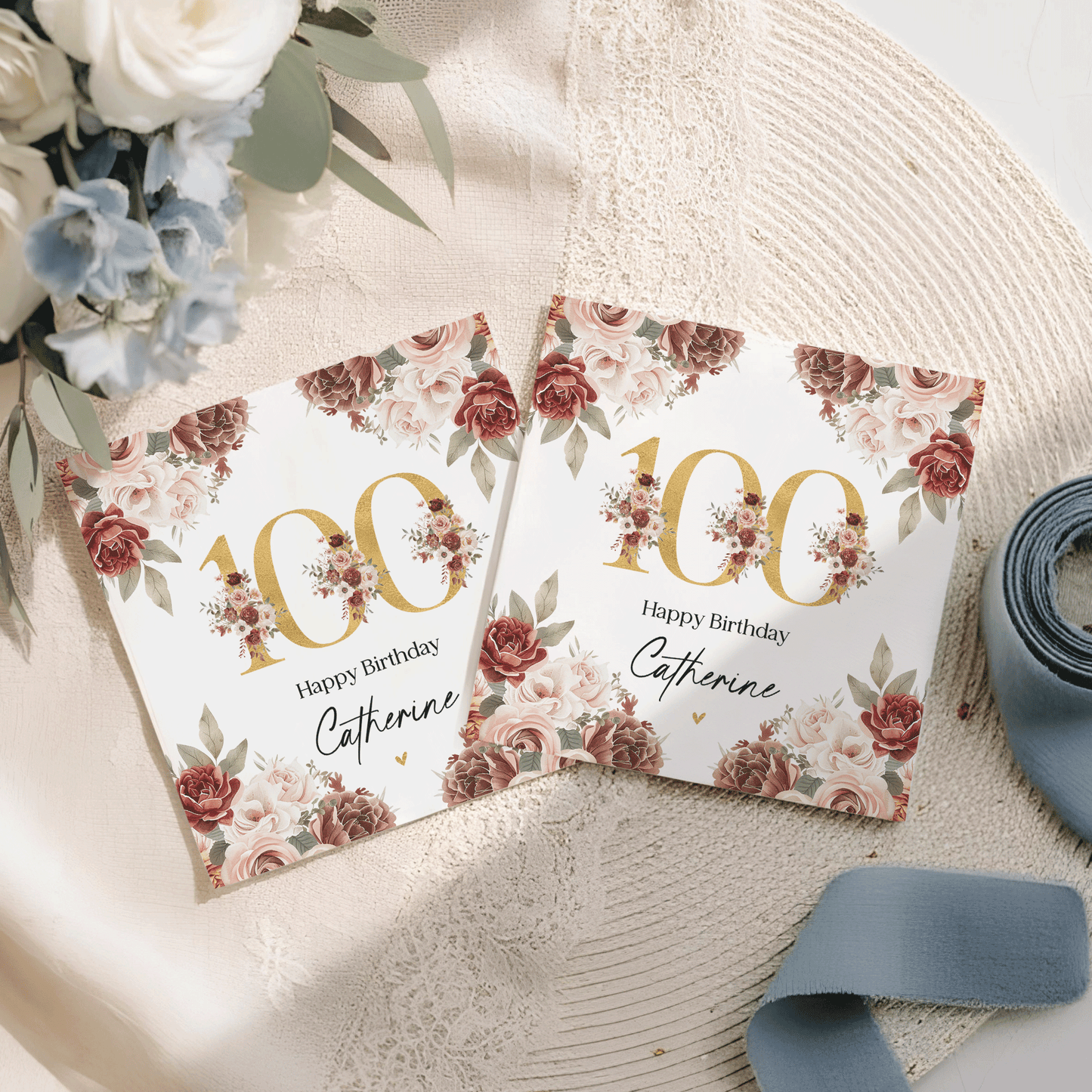 100th Birthday Napkins, Personalized Gold Floral Design - Pretty Gifted