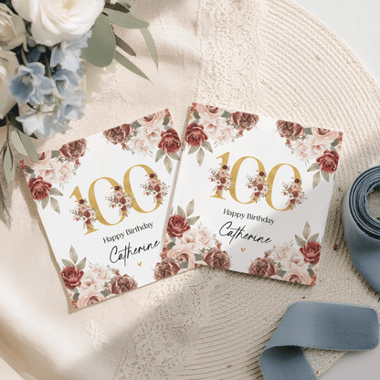 100th Birthday Napkins, Personalized Gold Floral Design - Pretty Gifted
