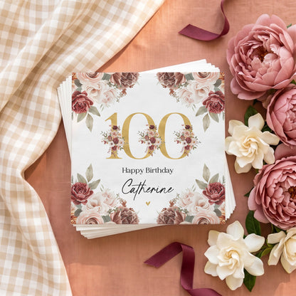 100th Birthday Napkins, Personalized Gold Floral Design - Pretty Gifted