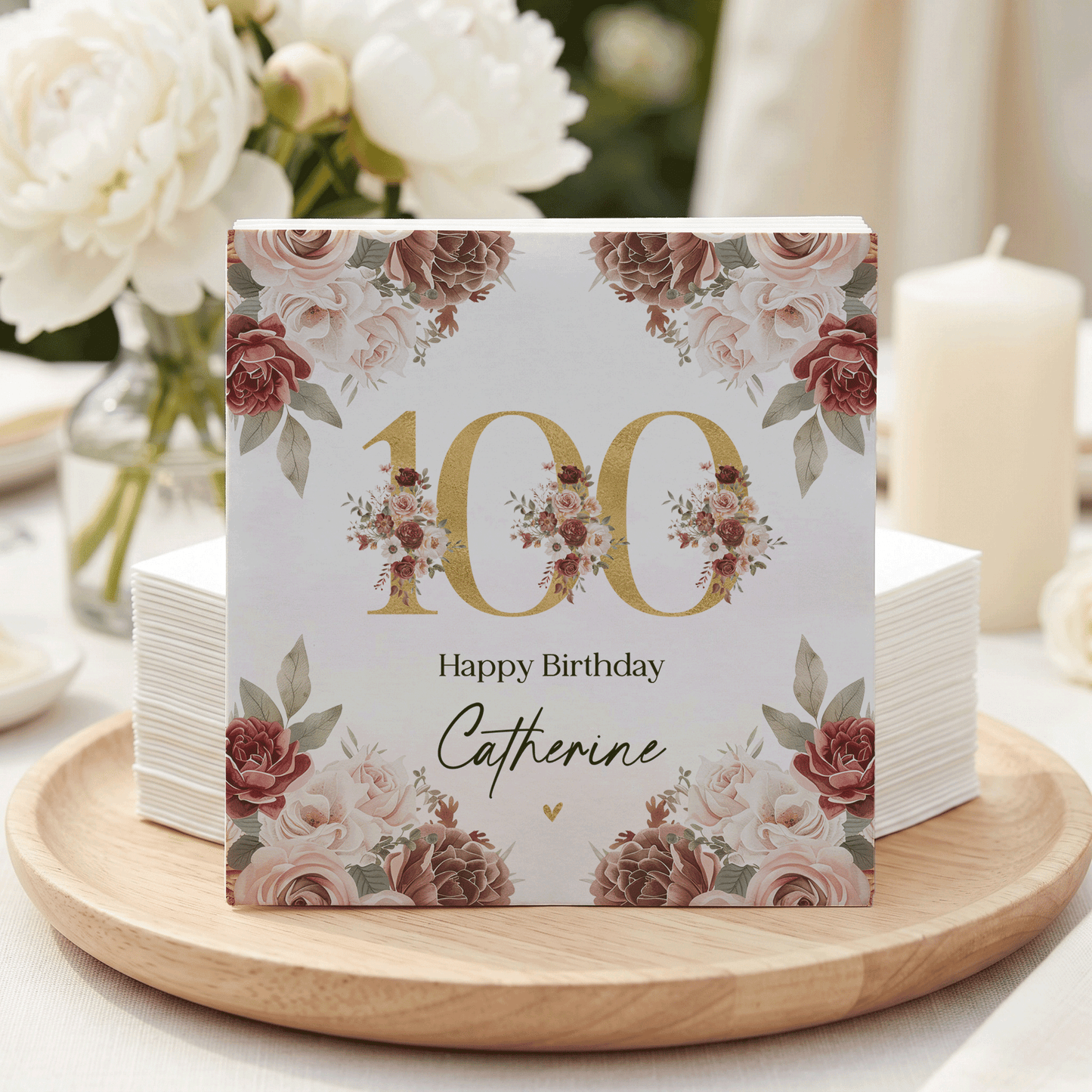 100th Birthday Napkins, Personalized Gold Floral Design - Pretty Gifted