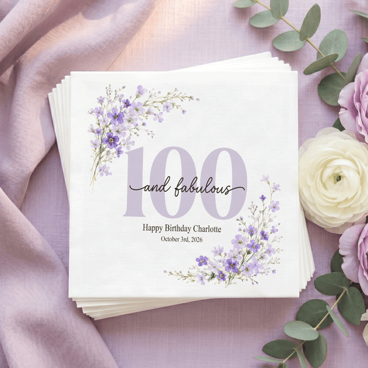 100th Birthday Napkins, Personalized Lilac Wildflowers - Pretty Gifted