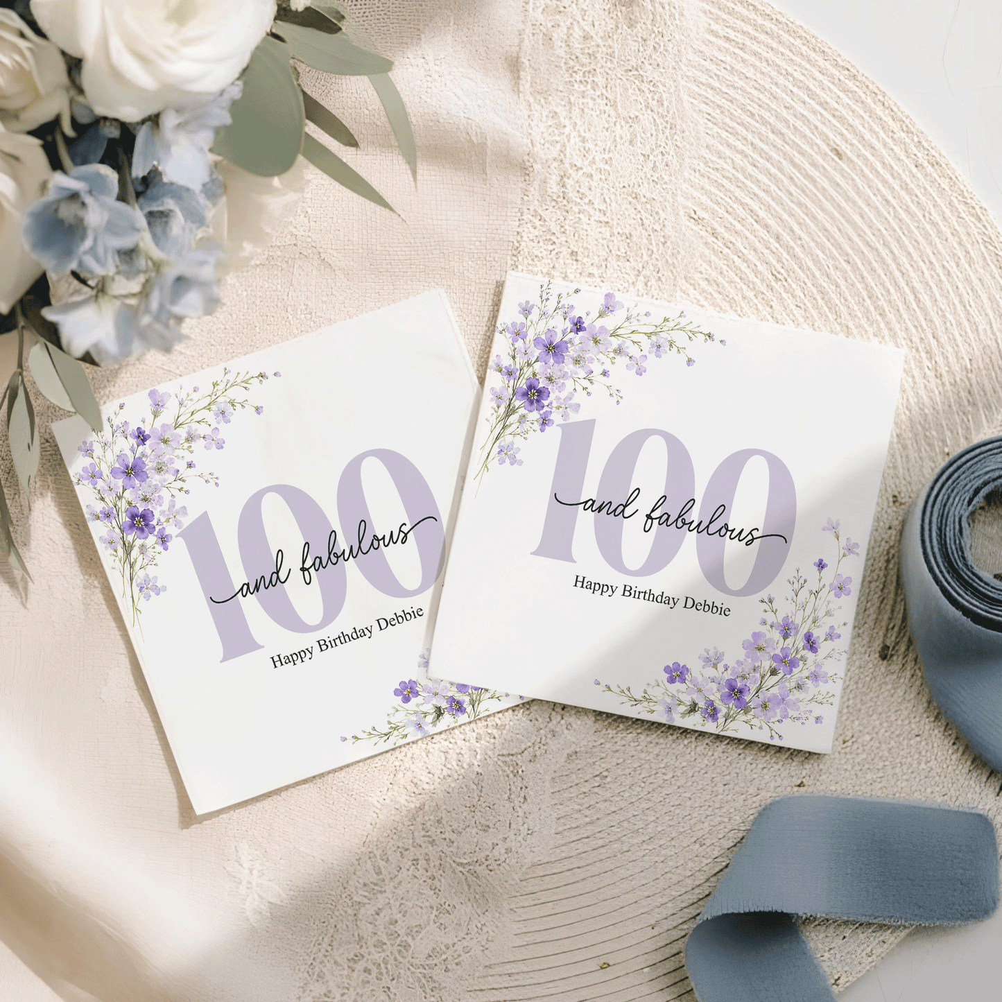 100th Birthday Napkins, Personalized Purple Wildflower - Pretty Gifted