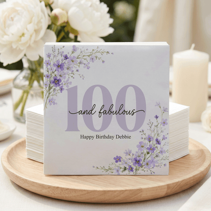 100th Birthday Napkins, Personalized Purple Wildflower - Pretty Gifted