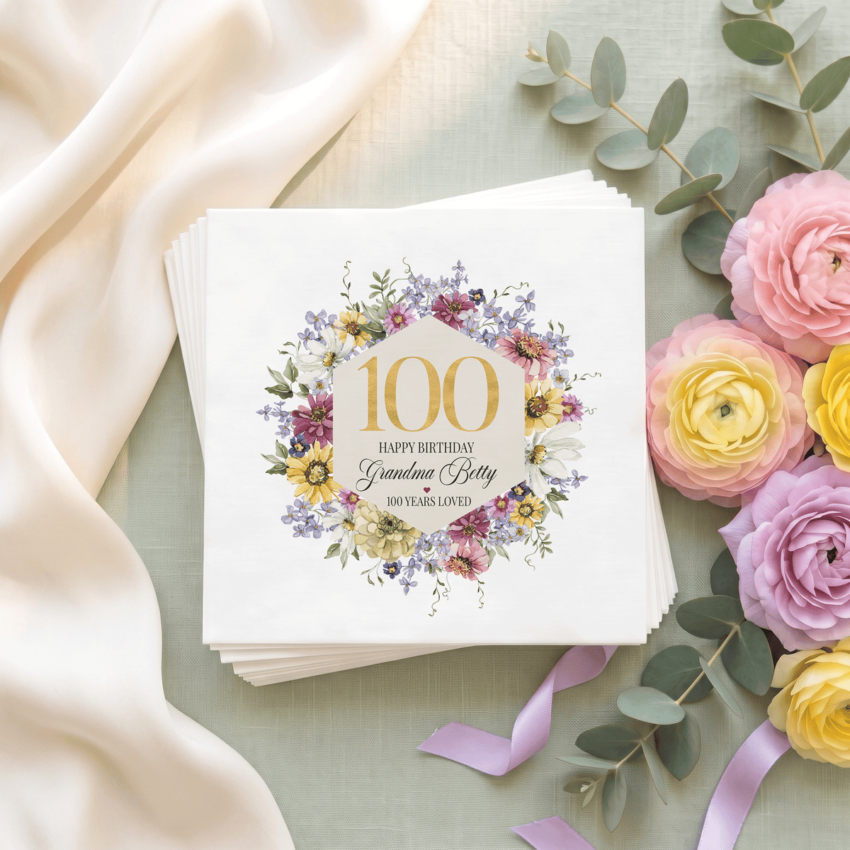 100th Birthday Wildflower Napkins with Custom Wording - Pretty Gifted