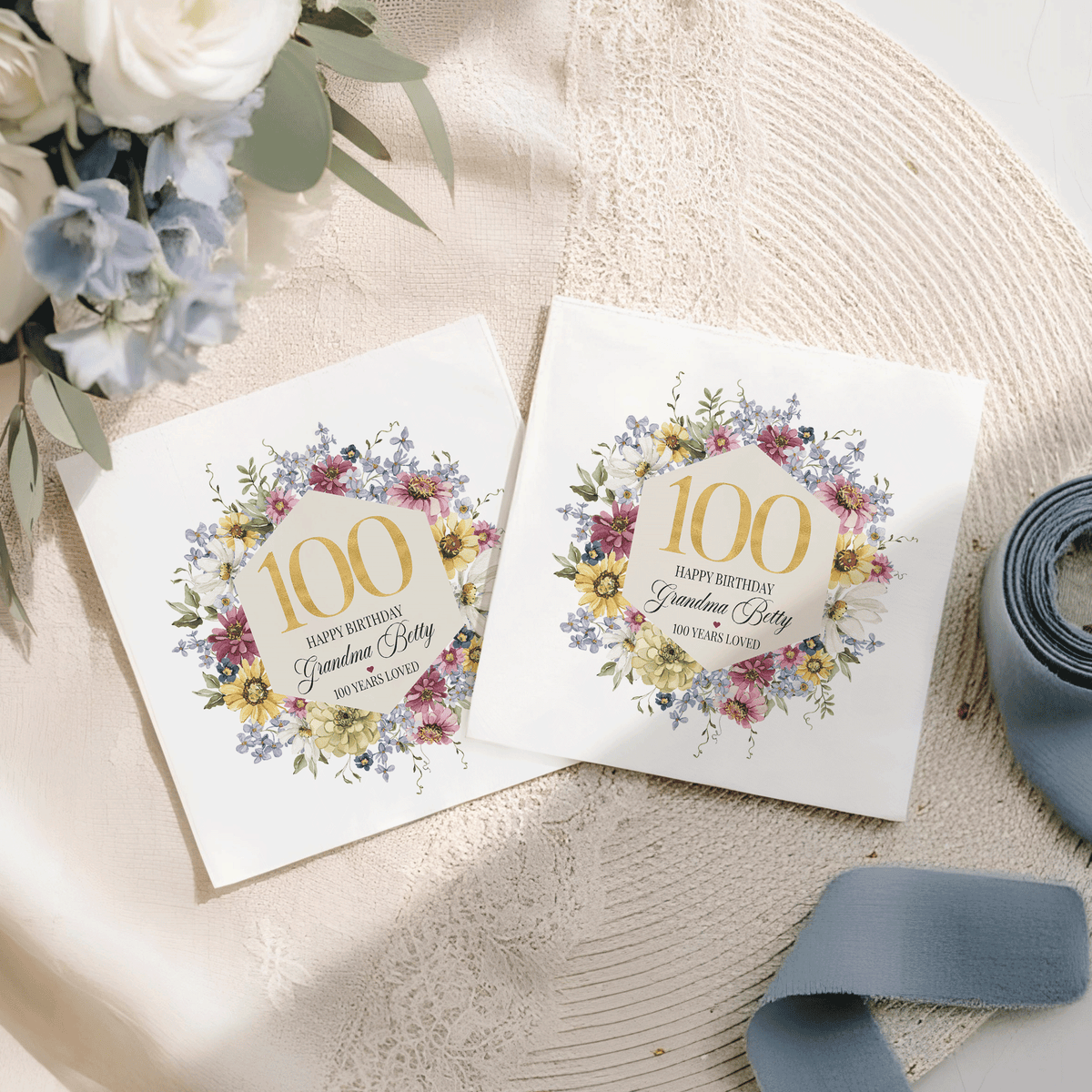 100th Birthday Wildflower Napkins with Custom Wording - Pretty Gifted
