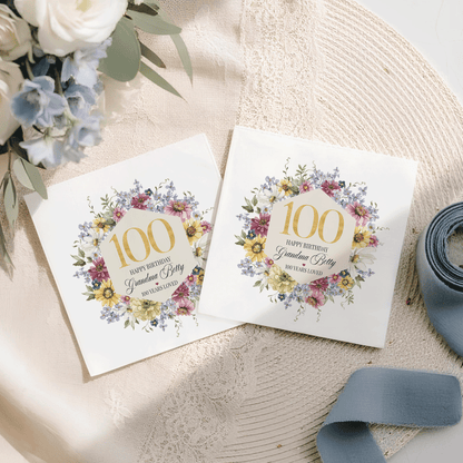 100th Birthday Wildflower Napkins with Custom Wording - Pretty Gifted