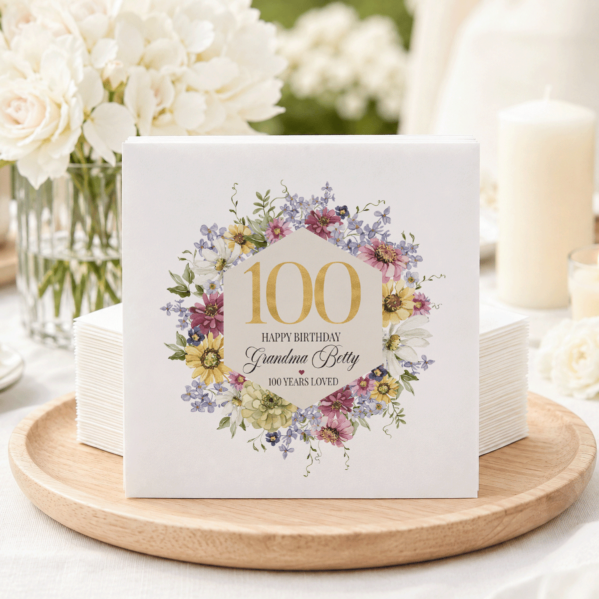 100th Birthday Wildflower Napkins with Custom Wording - Pretty Gifted
