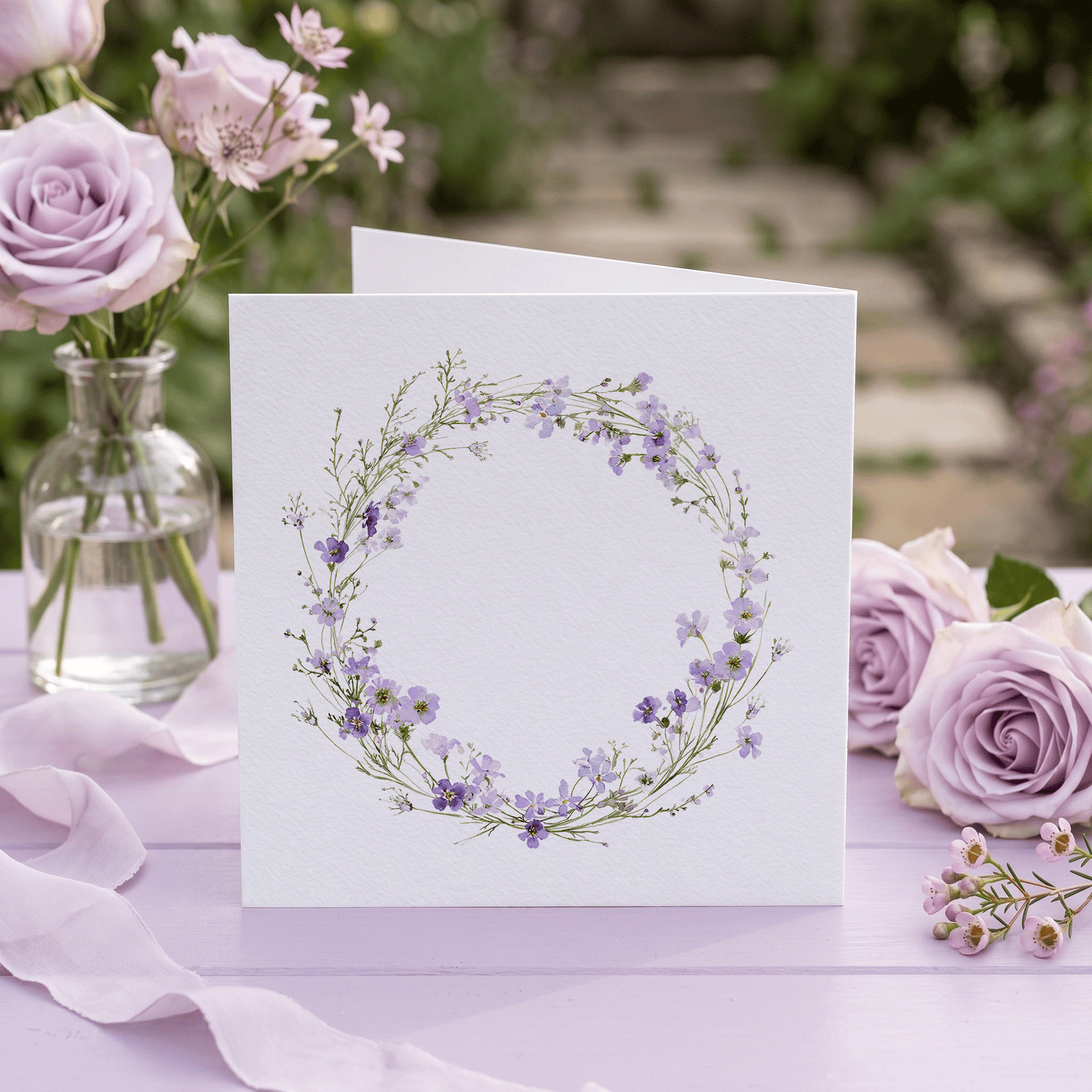 Personalized Hello 50 Birthday Card with Purple Wildflower Wreath