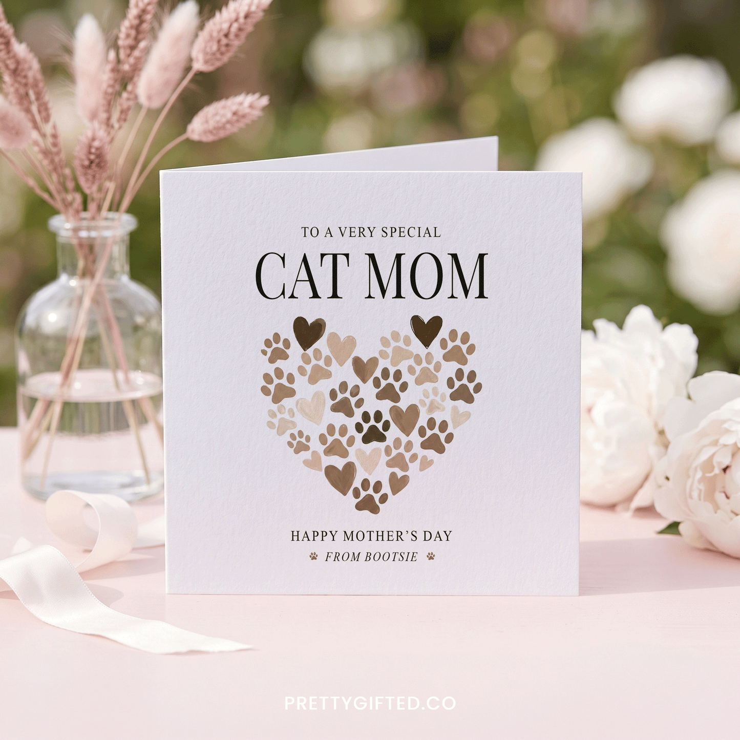 Cat Mom Mother's Day Card, Paw Print Heart, Personalized