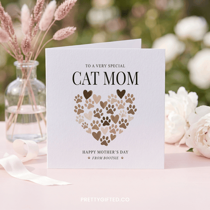 Cat Mom Mother's Day Card, Paw Print Heart, Personalized