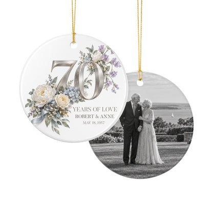 70th Anniversary Photo Ornament, Blue and Ivory Florals