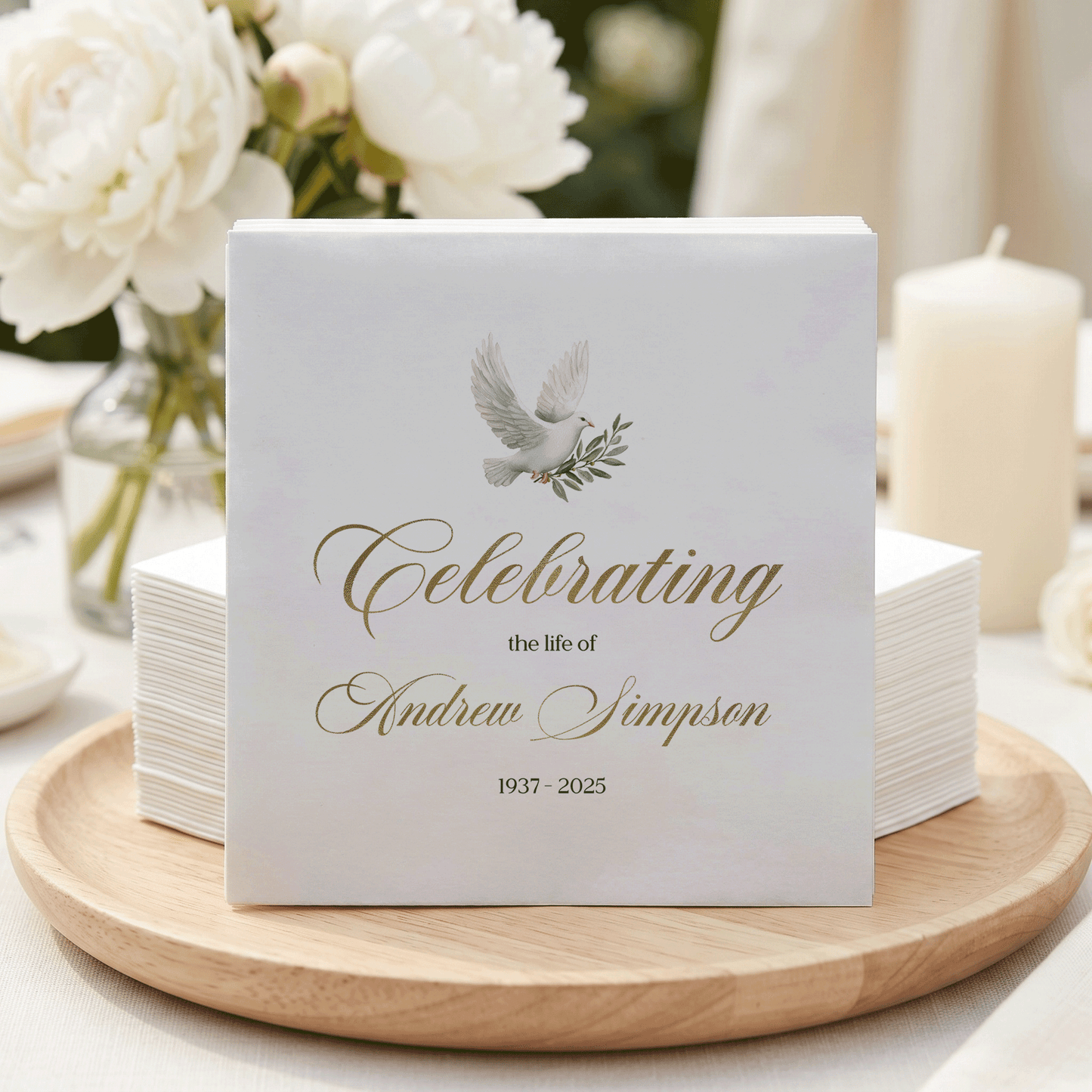 Memorial napkins: "Celebrating the life of Andrew Simpson" with dove.