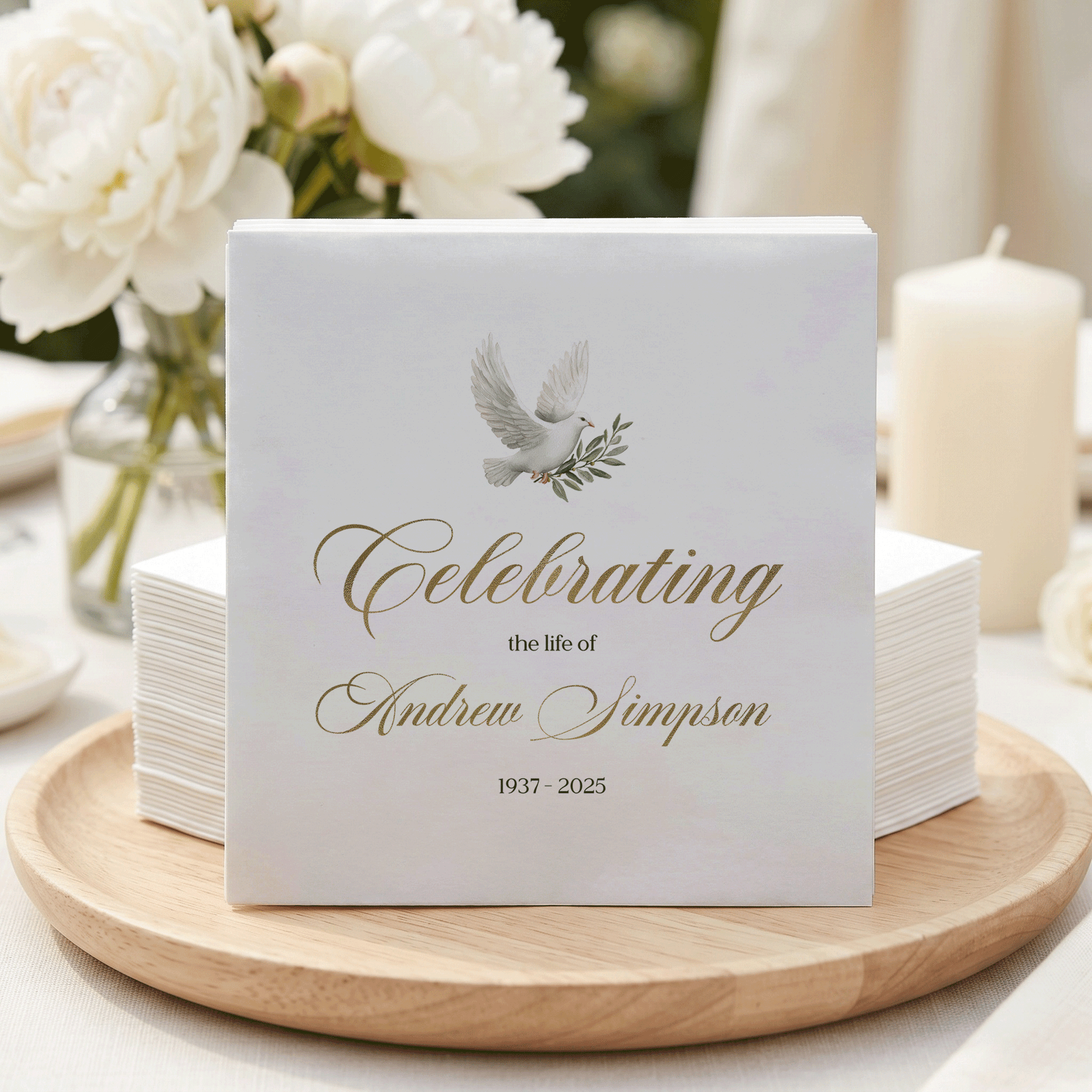 Memorial napkins: "Celebrating the life of Andrew Simpson" with dove.