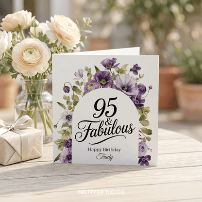 95 and Fabulous Birthday Card, Purple Floral, Personalized