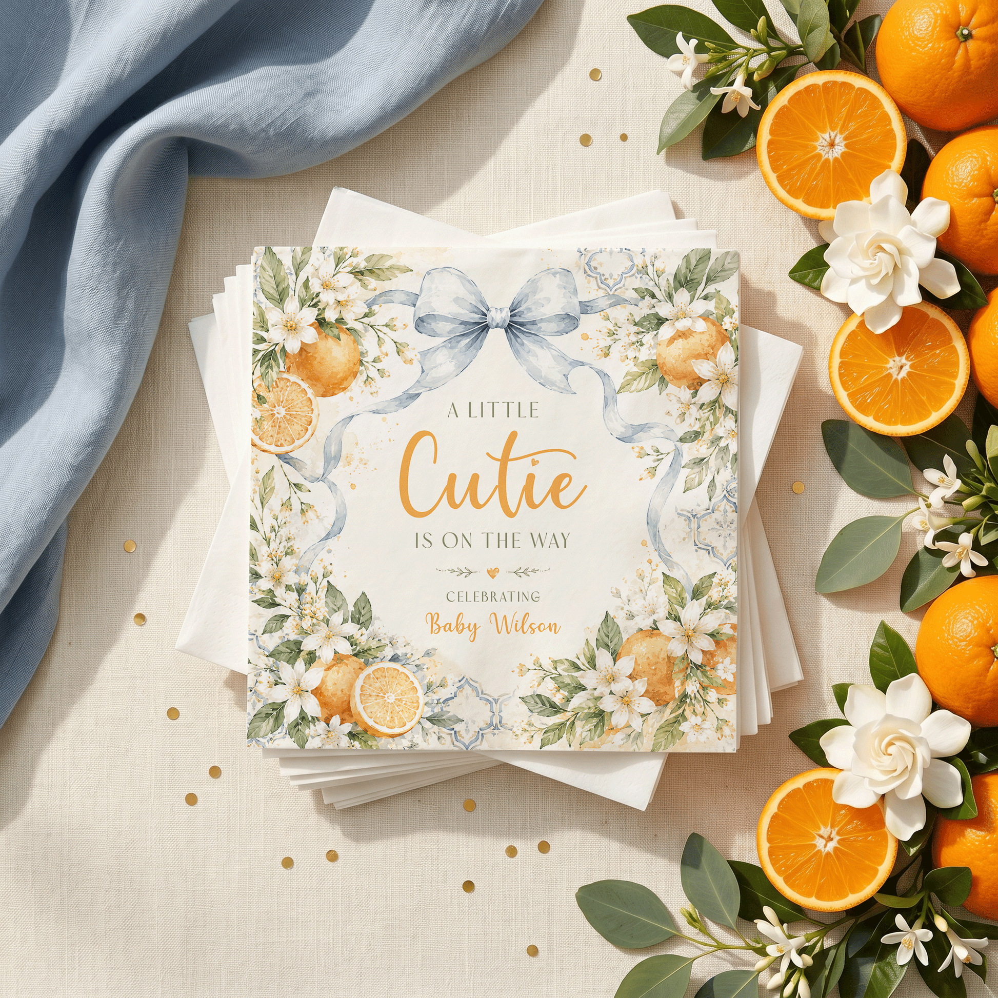 Baby shower invitation with oranges, blue ribbon, and text "A little Cutie is on the way".