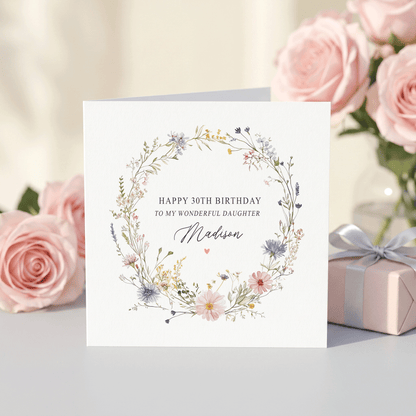 Personalized Daughter 30th Birthday Card with Wildflower Wreath