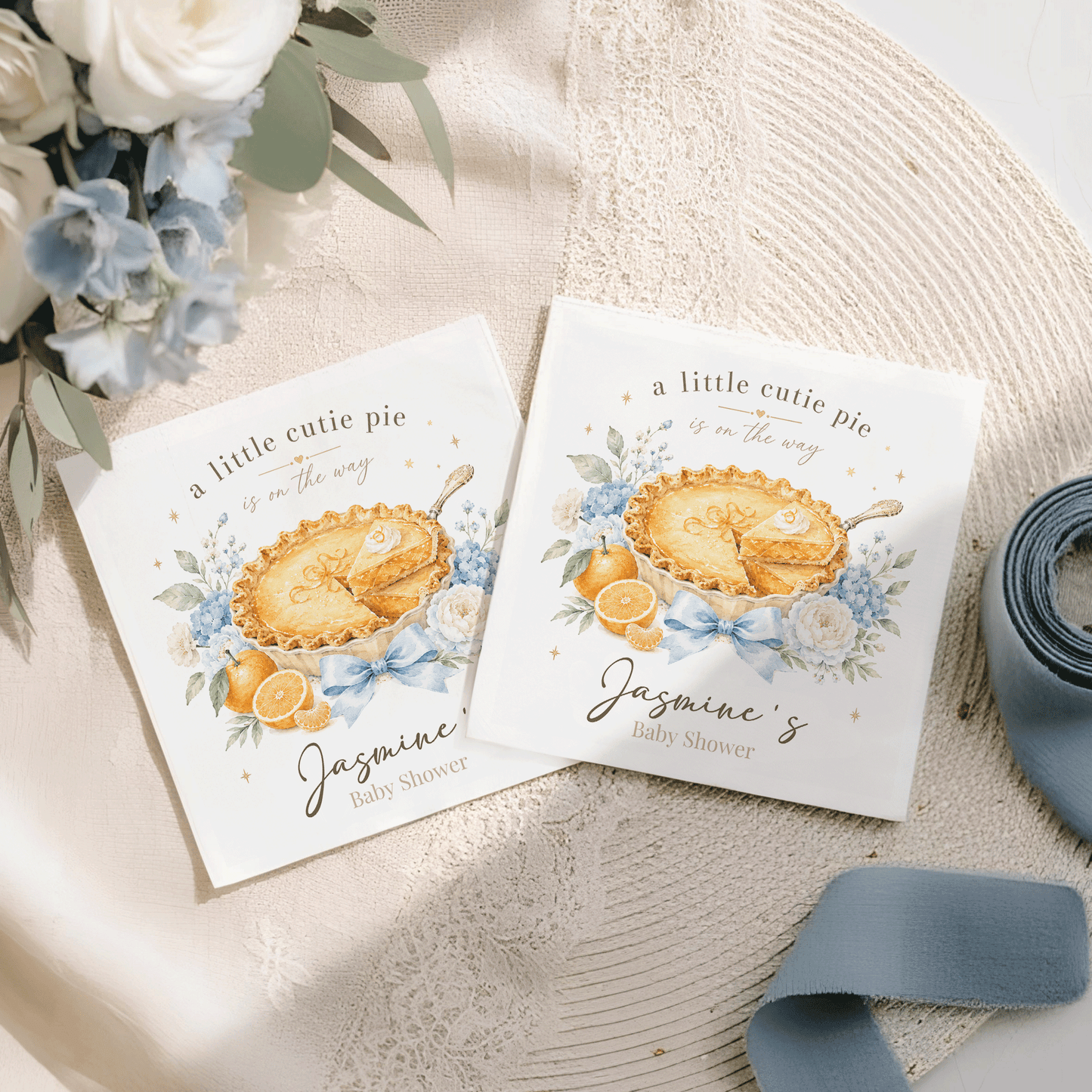 "A Little Cutie Pie is on the Way" baby shower napkins for Jasmine.