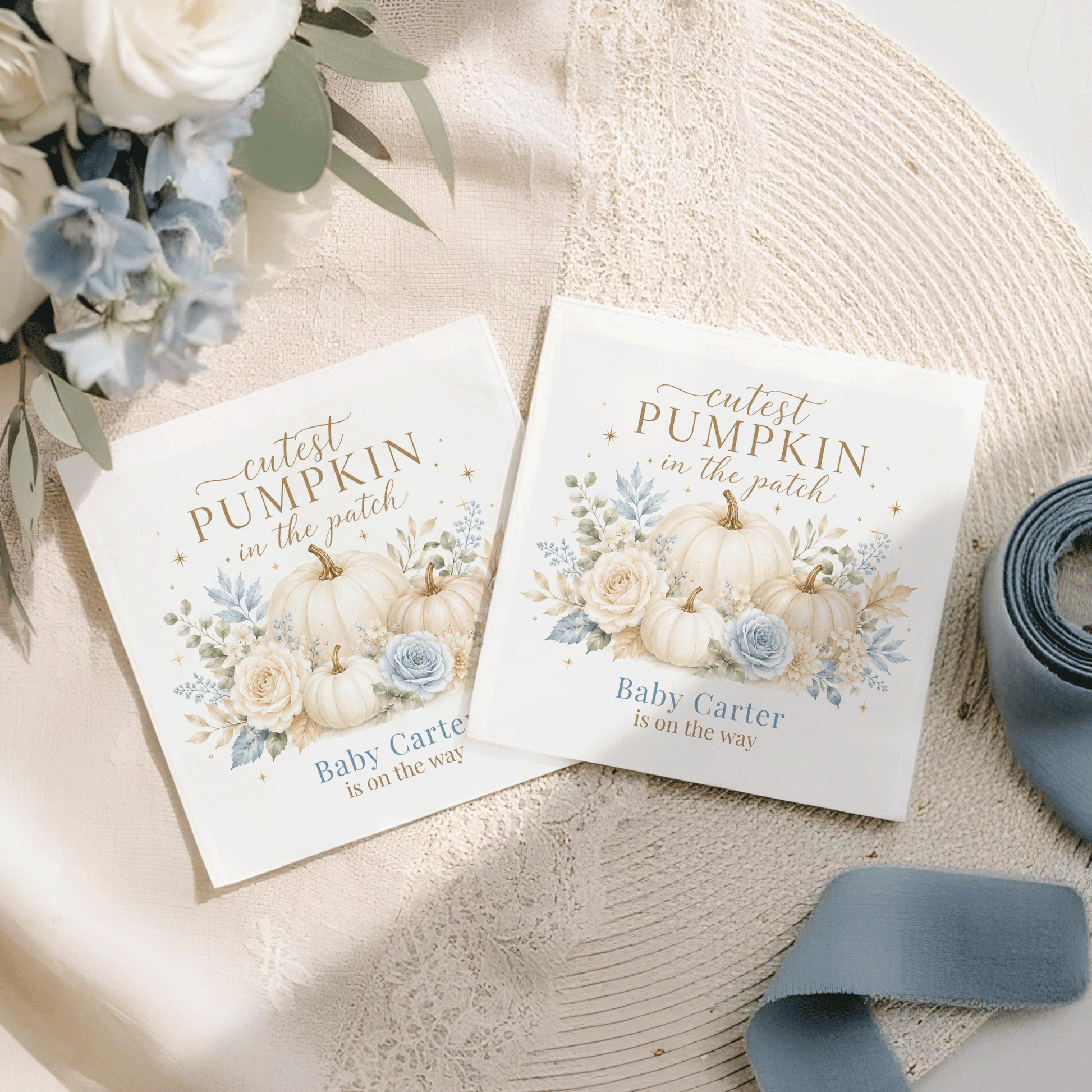 Two cards with "cutest PUMPKIN in the patch" and "Baby Carter is on the way" text.