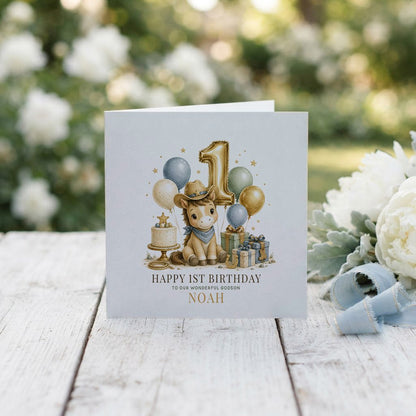 1st Birthday Cowboy Card for Godson | Personalized Baby - Pretty Gifted