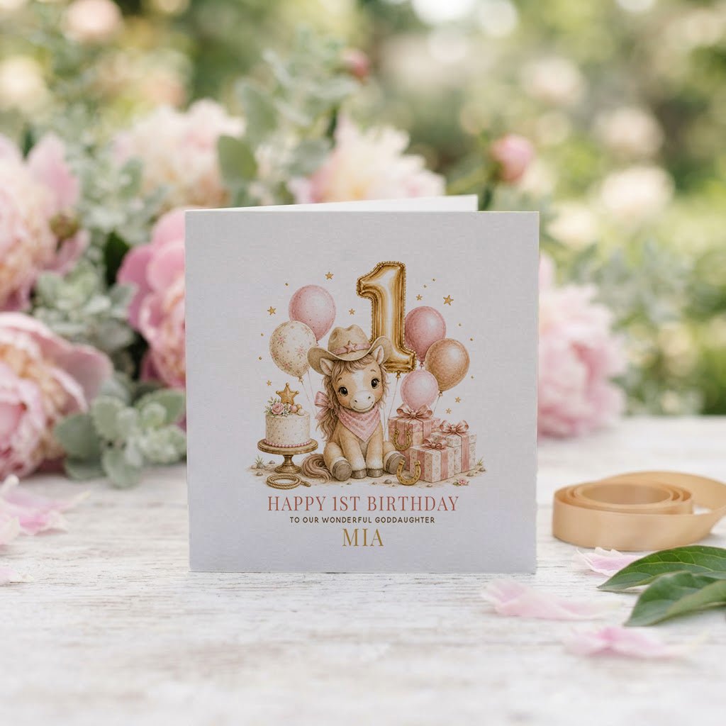 1st Birthday Cowgirl Card for Goddaughter | Personalized - Pretty Gifted