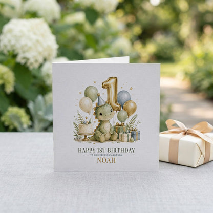 1st Birthday Dino Card for Godson | Personalized Baby - Pretty Gifted